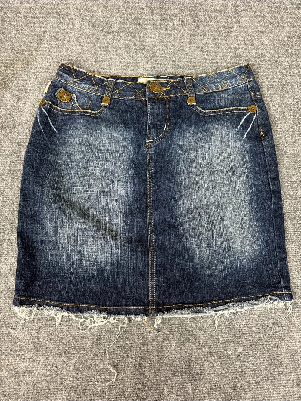 Tyte Jeans Dark Blue Washed Denim Mini Skirt with Frayed Hem